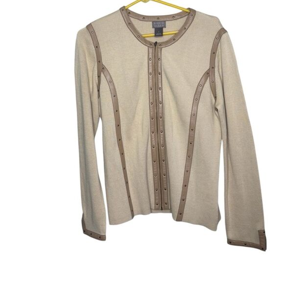 Sigrid Olsen Silk Blend Leather Trim Long Sleeve Crew Neck Cardigan, Size M - Picture 1 of 6